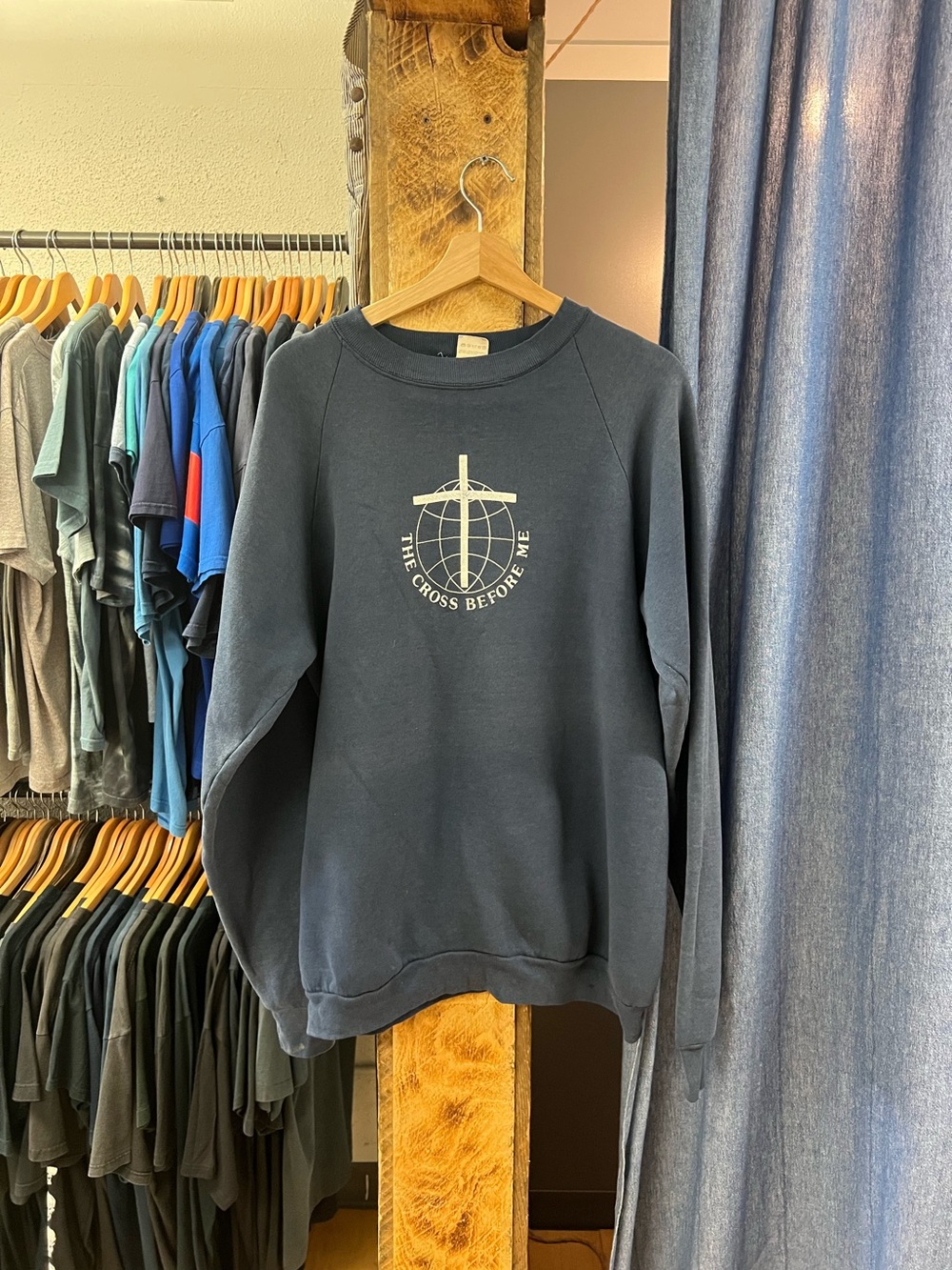 Vintage The Cross Before Me Graphic Navy Raglan Crewneck